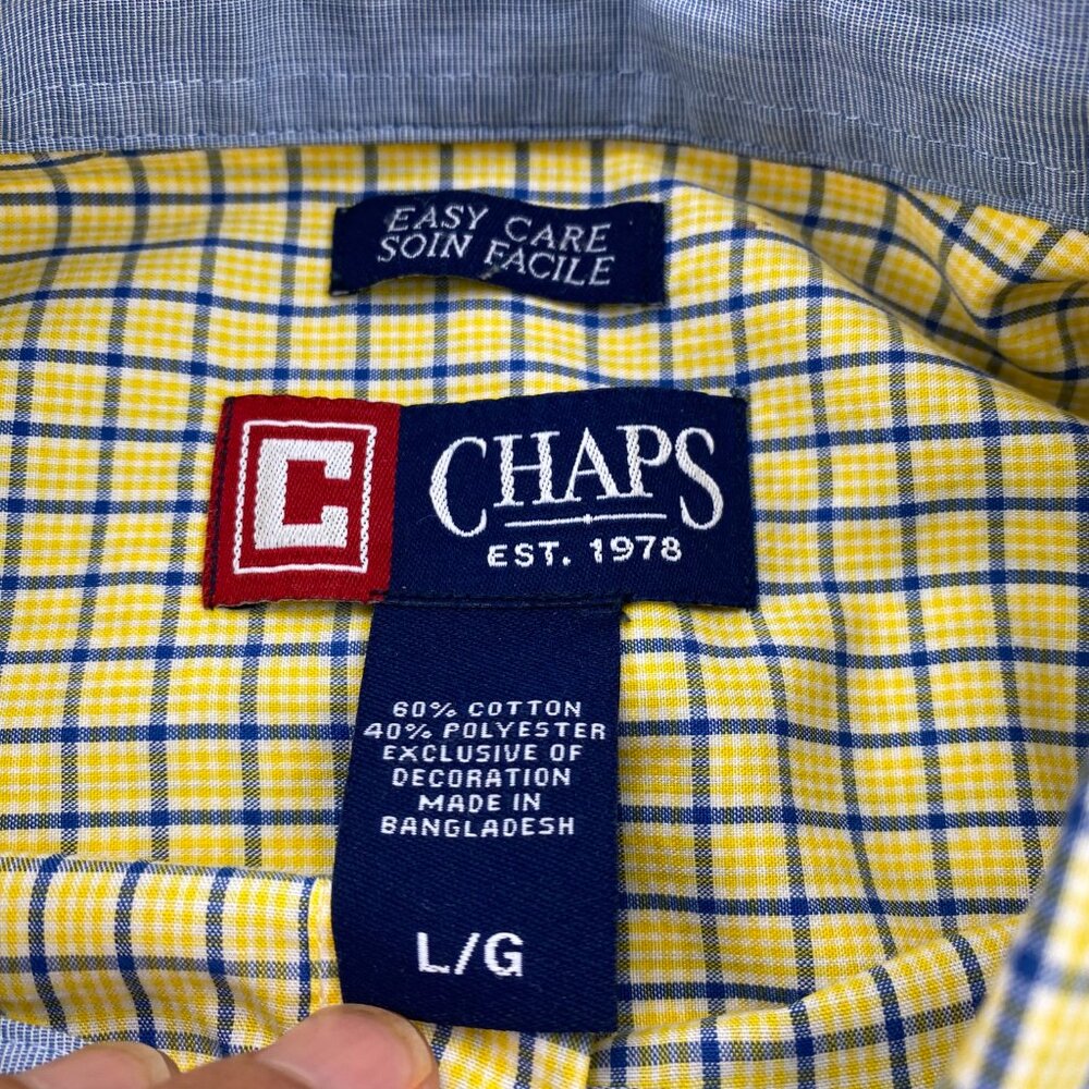 Vintage CHAPS Polo Shirt Men Large L Yellow Checkered Button Down Short Sleeves - Picture 5 of 9